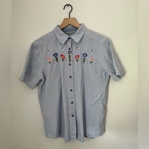 Cabin Creek Striped Button Down Shirt | Floral Embroidery | 100% Cotton | XL